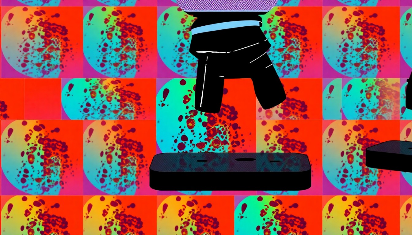 A highly stylized, repeating grid of neon-colored microscope slides, conceptually representing the hands-on cancer research experience for College of Charleston students.