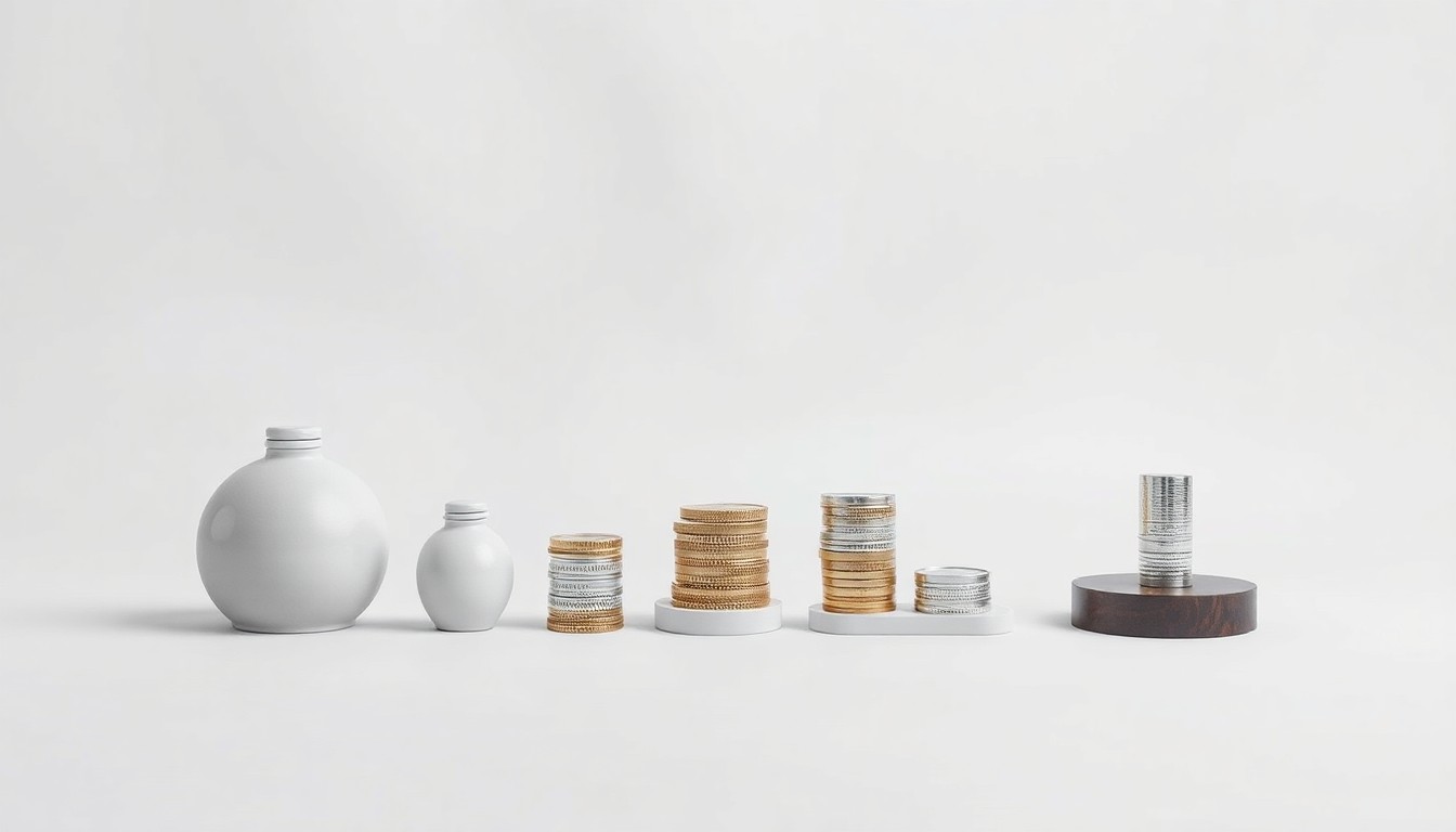 A high-end, photorealistic studio still-life photograph featuring simple, premium tangible objects arranged elegantly on a clean, monochromatic background, conceptually representing the abstract concepts of corporate strategy, finance, and markets.