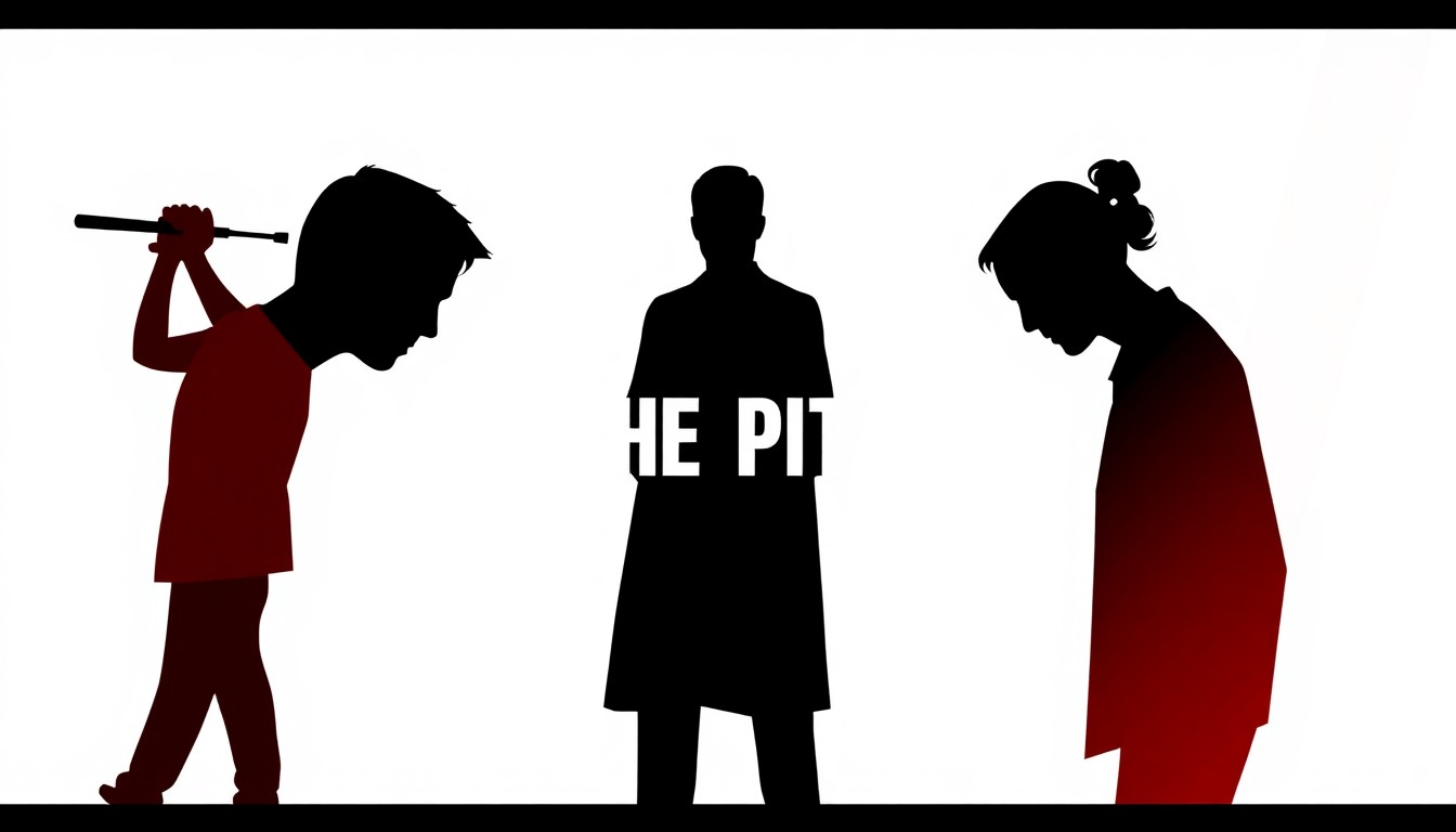 A striking abstract composition of jagged black silhouettes and bold red and white shapes, conceptually representing the high-intensity world of the medical drama series 