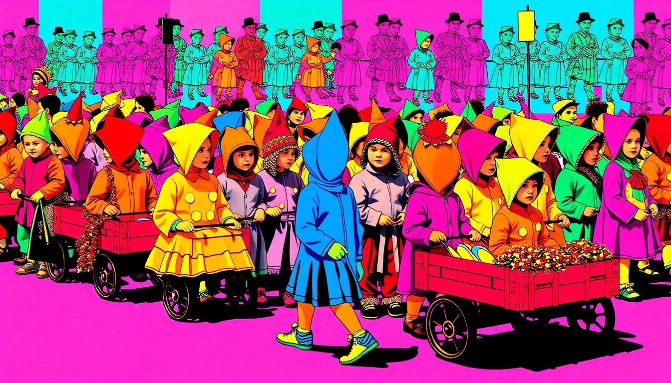 A high-contrast silkscreen print in neon colors depicting a group of children in costumes and decorated wagons, representing the energy and creativity of the annual Blossomtime Youth Parade.