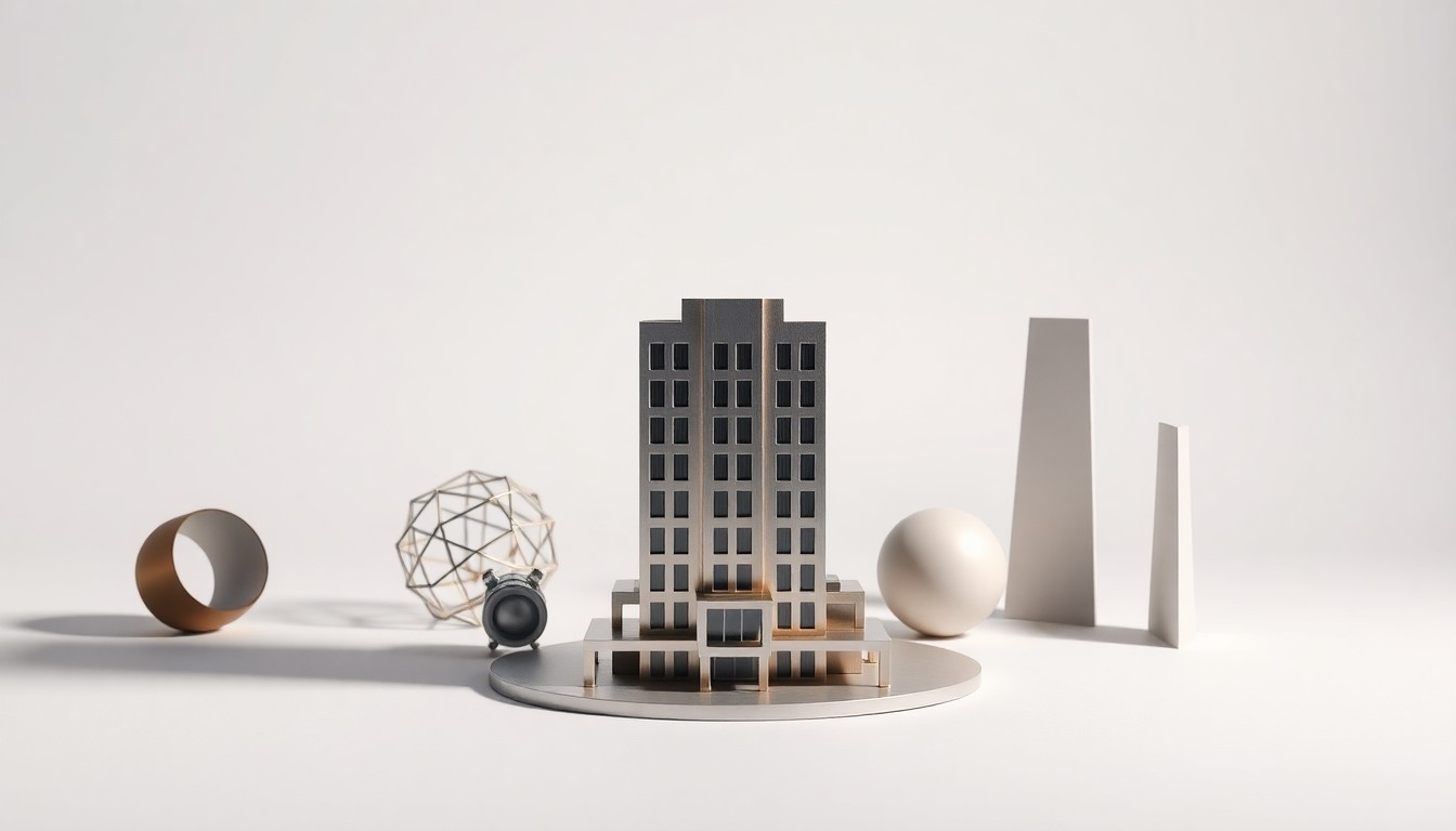 A high-end, photorealistic studio still-life photograph featuring a polished, geometric metal model of a hotel building surrounded by abstract shapes and forms representing business travel and long-term lodging demand. The objects are arranged elegantly on a clean, monochromatic background using dramatic studio lighting.