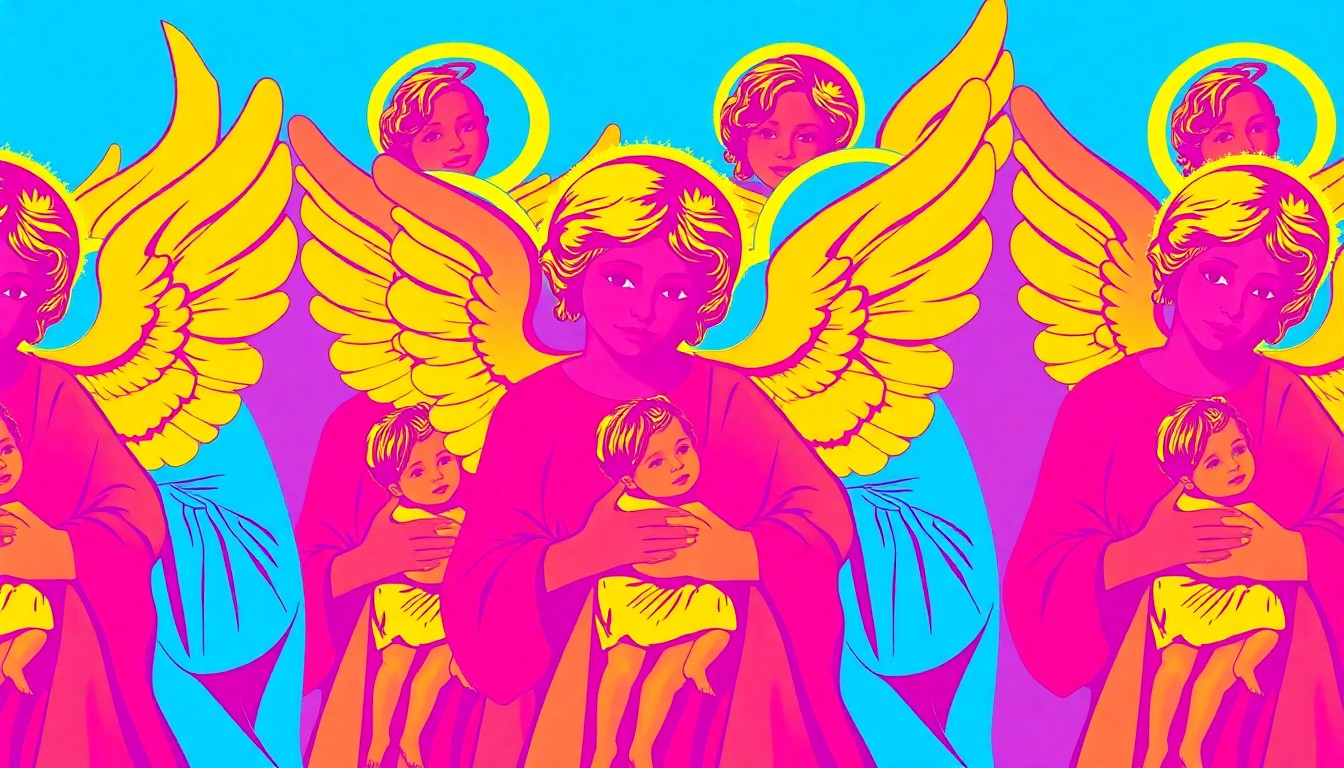 A grid of brightly colored, high-contrast silkscreen images depicting an angel holding a young child, the figures repeated in a repeating pattern against a vibrant neon color background, conceptually representing the symbolic and uplifting nature of the donated artwork.