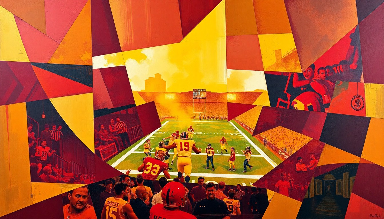 A cubist-style painting featuring overlapping geometric shapes and planes in the Commanders' burgundy and gold colors, conceptually representing the strategic planning and decision-making involved in the NFL Draft.