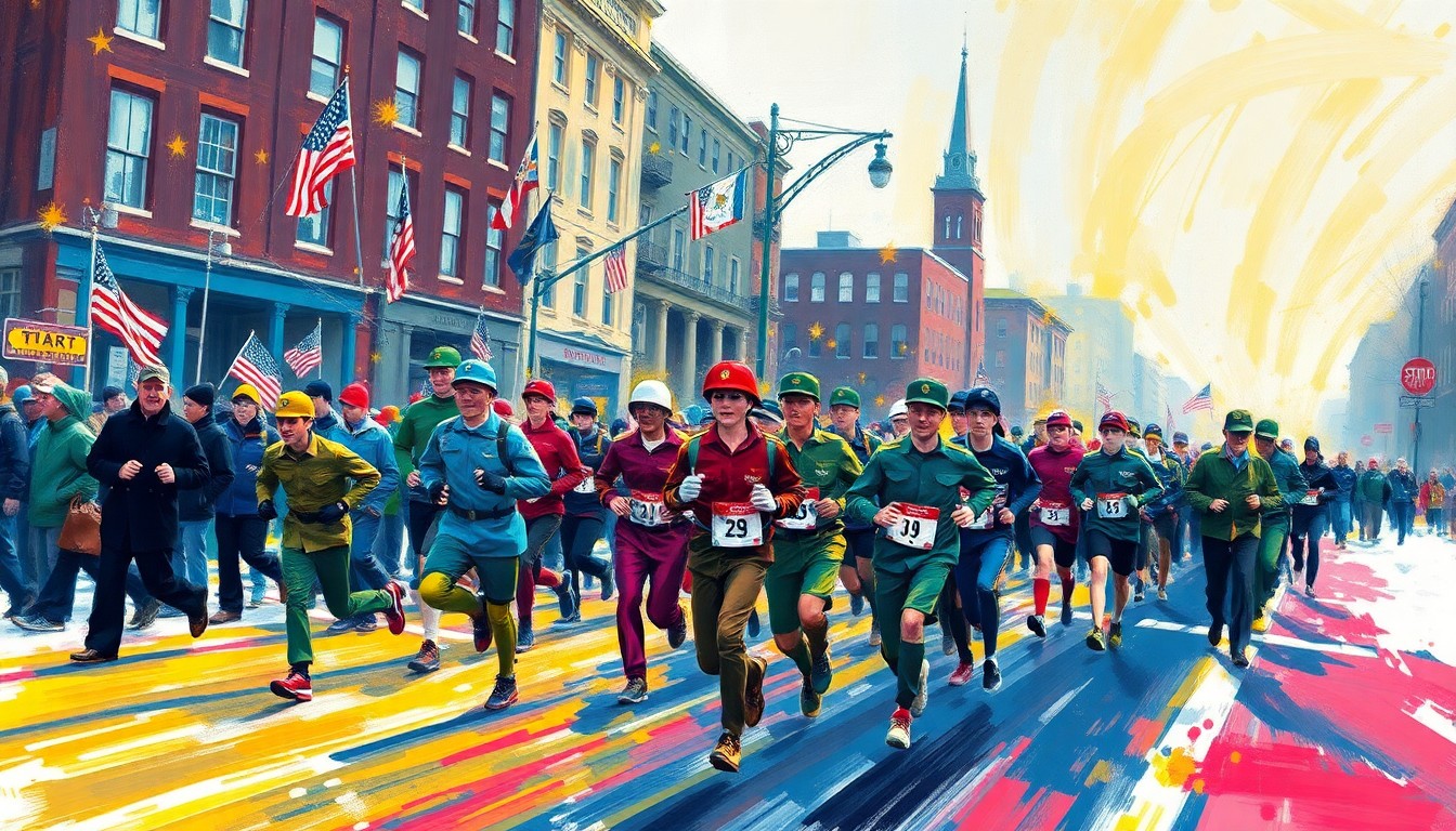 An abstract, energetic painting in neon colors depicting the blurred motion of military marchers crossing the starting line of the Boston Marathon on a cold morning, capturing the raw athleticism and determination of the event.