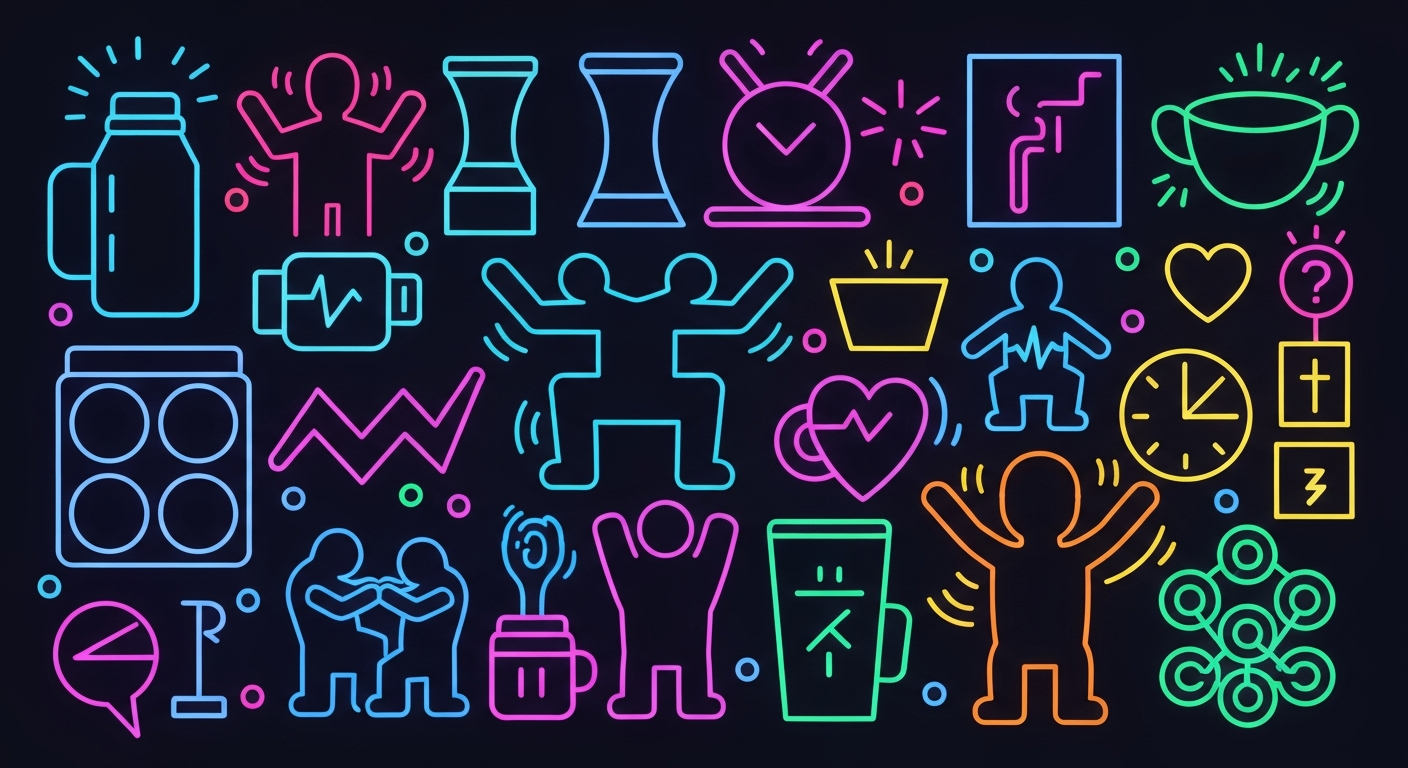 A minimalist illustration featuring glowing neon outlines of various wellness-related objects like a heart, a brain, and a pair of running shoes, against a dark background, conceptually representing the interconnected dimensions of physical, mental, and social health.