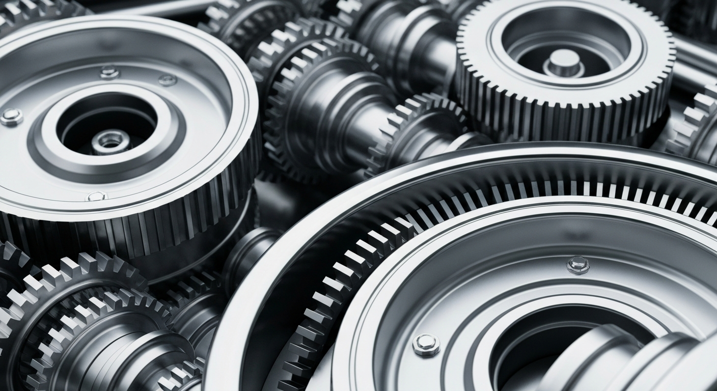 An extreme close-up of highly detailed, polished metal gears and machinery, conveying the complex, industrial nature of a large technology corporation's financial operations.