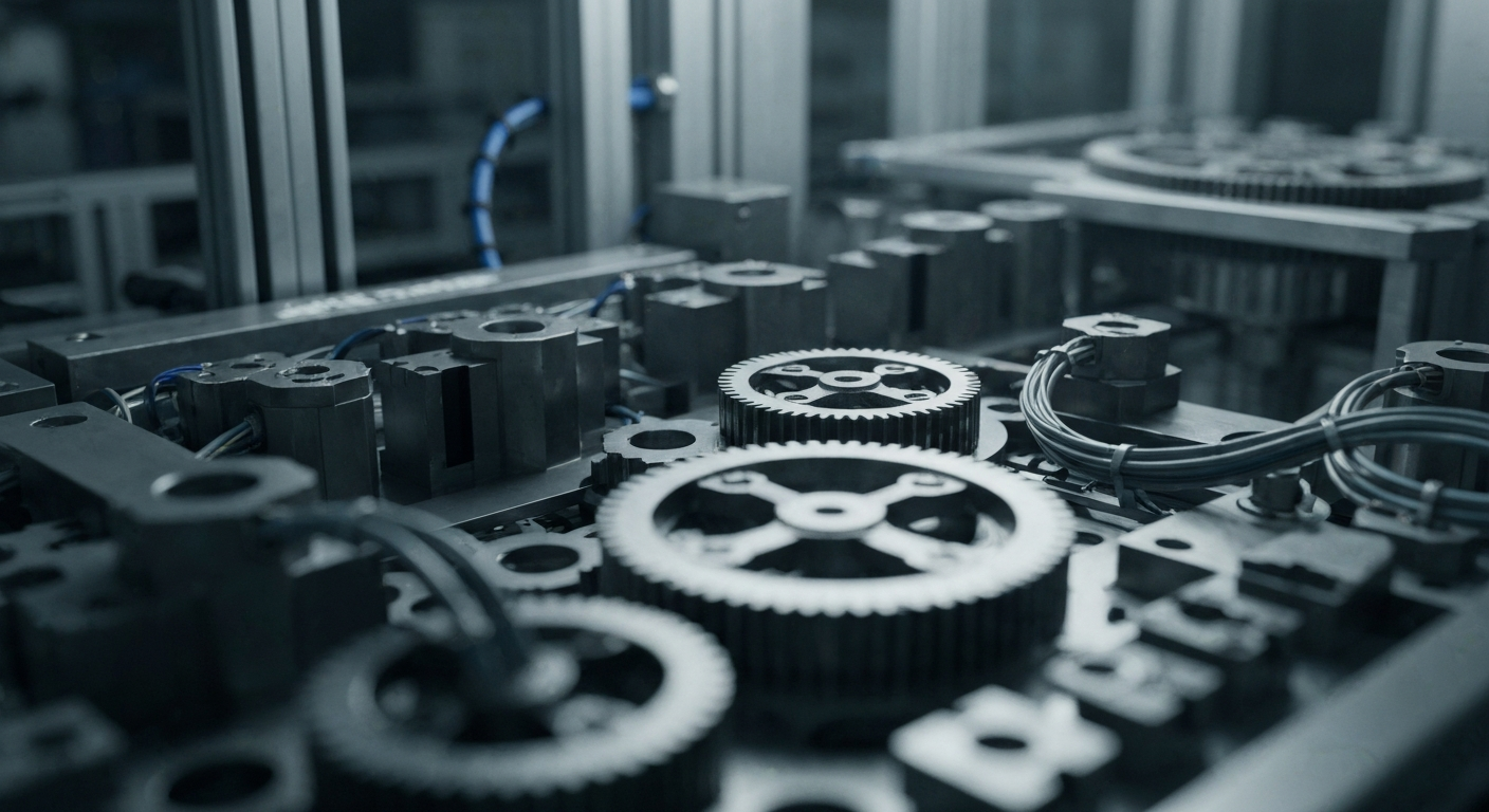 An extreme close-up image showing the intricate, textured machinery and components inside an electronics manufacturing facility, conveying the complex industrial processes behind Corning's specialty products.
