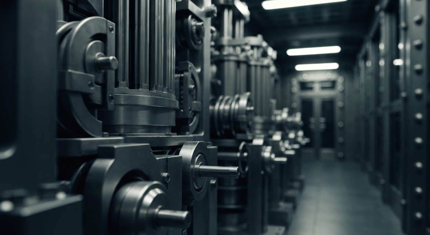 An extreme close-up of intricate, interconnected banking machinery and mechanisms, conveying a sense of the complex financial systems that underpin major institutions.