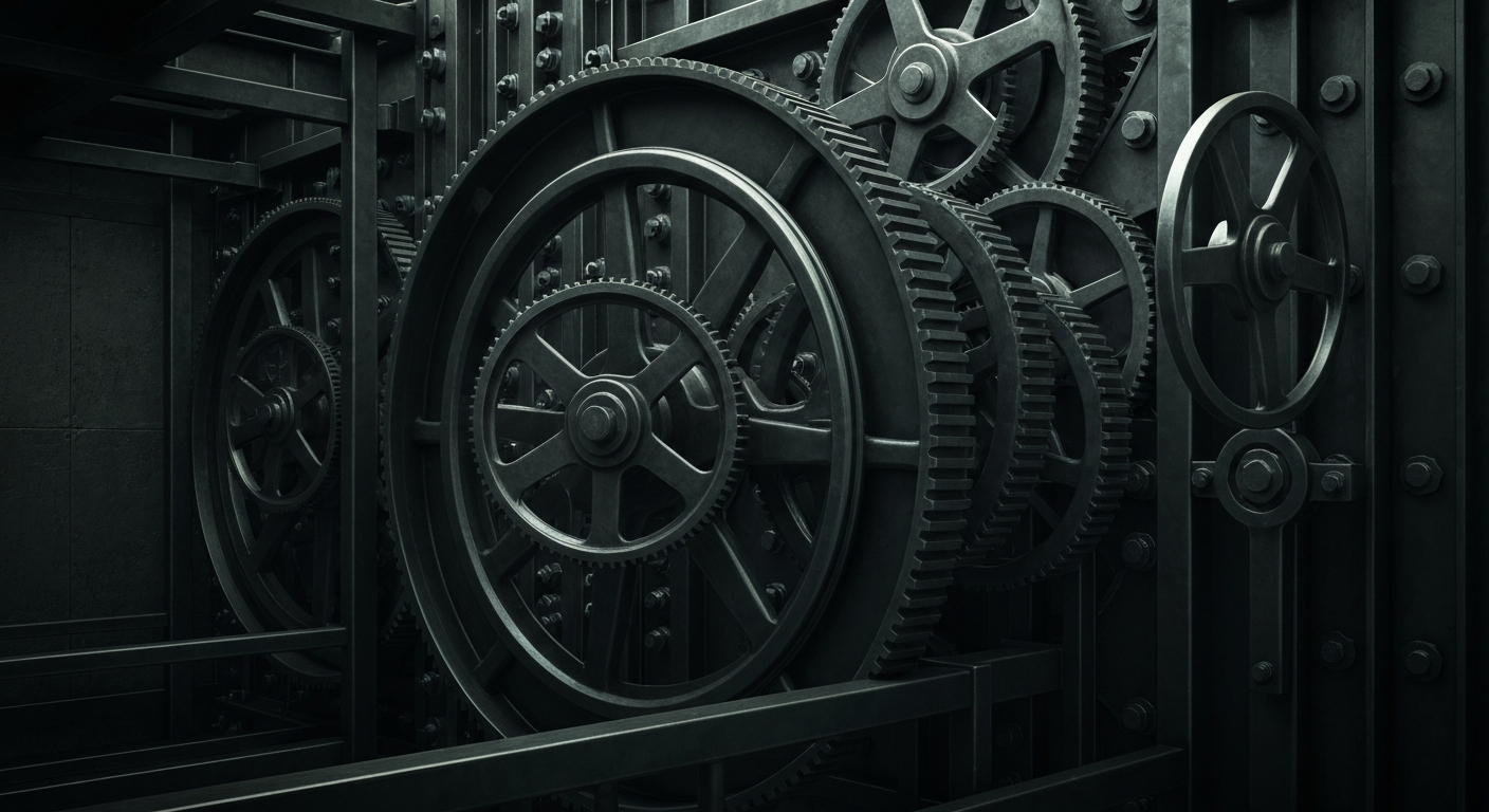 An extreme close-up of the inner workings of a large industrial banking vault, with gears, pulleys, and other heavy machinery visible in dramatic shadows and highlights, representing the complex financial infrastructure supporting global corporations.