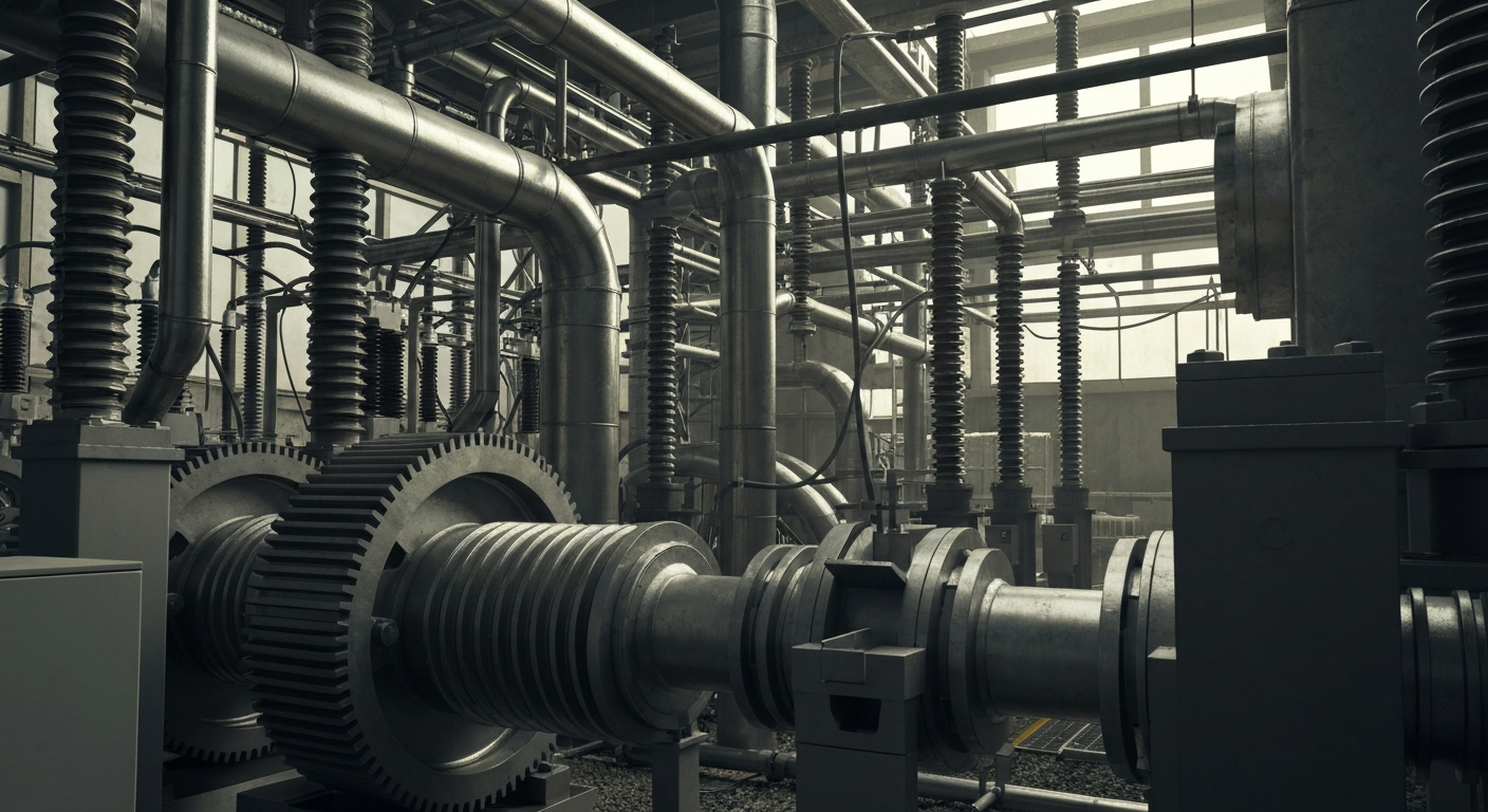 An extreme close-up of the intricate machinery and components inside an industrial power substation, conveying the complex systems that deliver electricity to homes and businesses.