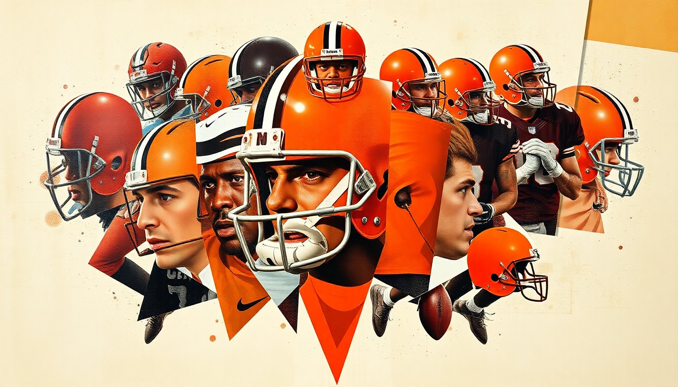 A cubist, geometric painting depicting fragmented, abstracted figures in the Browns' team colors of orange and brown, representing the team's varied first-round draft selections since 1999.