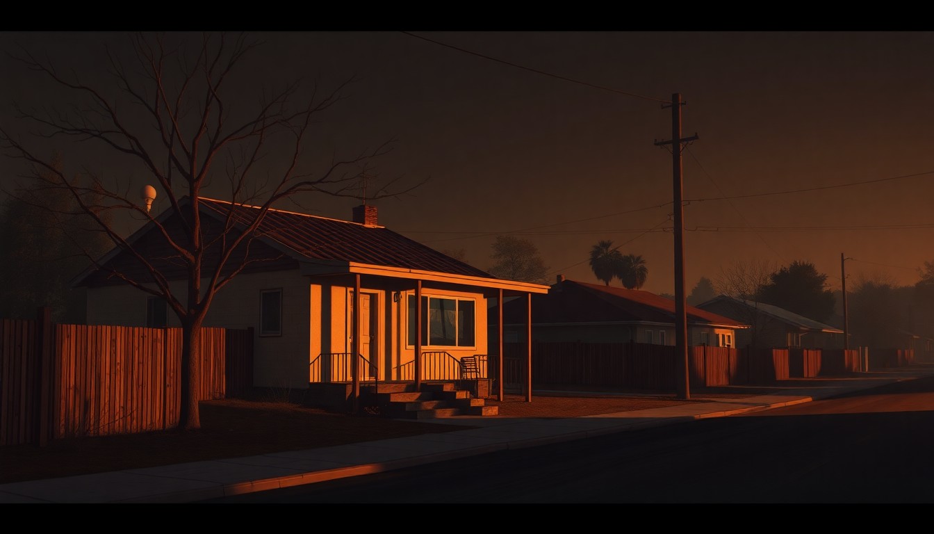 A serene, cinematic painting of a solitary, burned-out home on a quiet street in Altadena, California, with warm sunlight casting long shadows across the scene, capturing the melancholy mood of the community's ongoing recovery efforts.