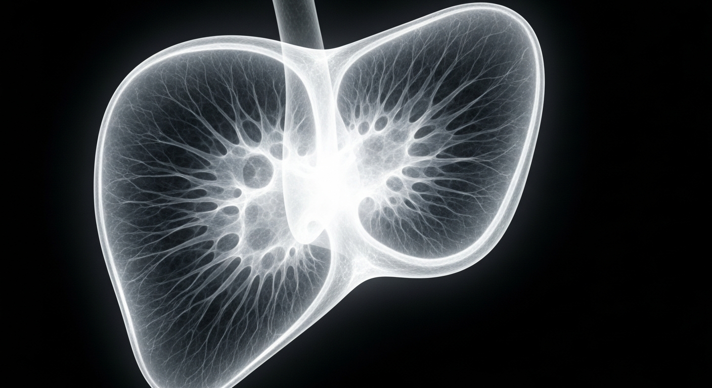 A translucent, ghostly X-ray-style image showing the internal structures of a damaged liver cell, conceptually representing the senescent macrophages that are disrupting liver tissue.
