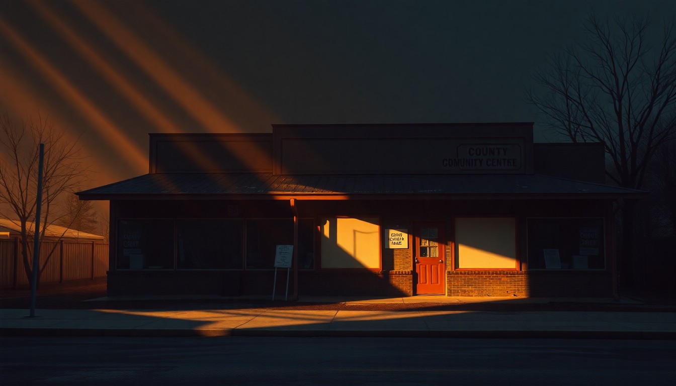 A cinematic painting of an aging, run-down community center building with peeling paint and crumbling walls, bathed in warm, golden sunlight and deep shadows, conveying a sense of neglect and the need for investment in local infrastructure.