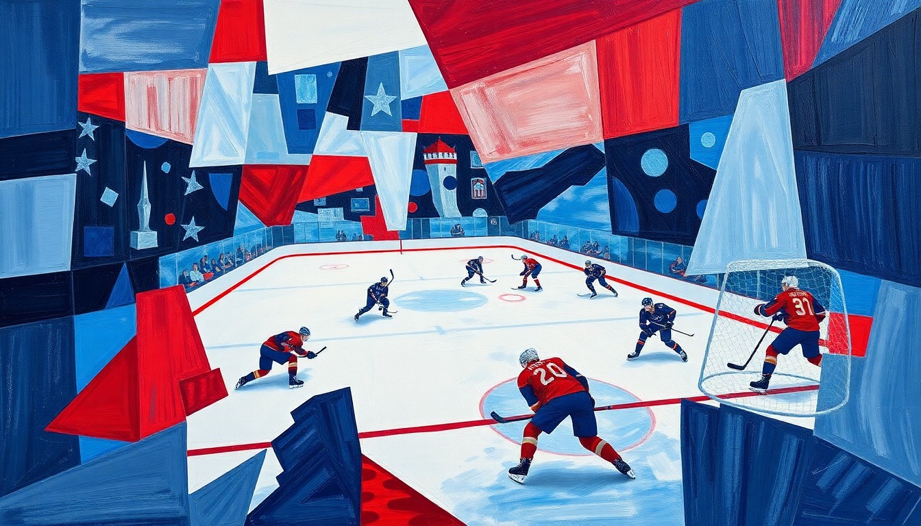 A cubist, geometric painting depicting a hockey game, with overlapping planes of blue, red, and white, capturing the dynamic energy and movement of the sport.