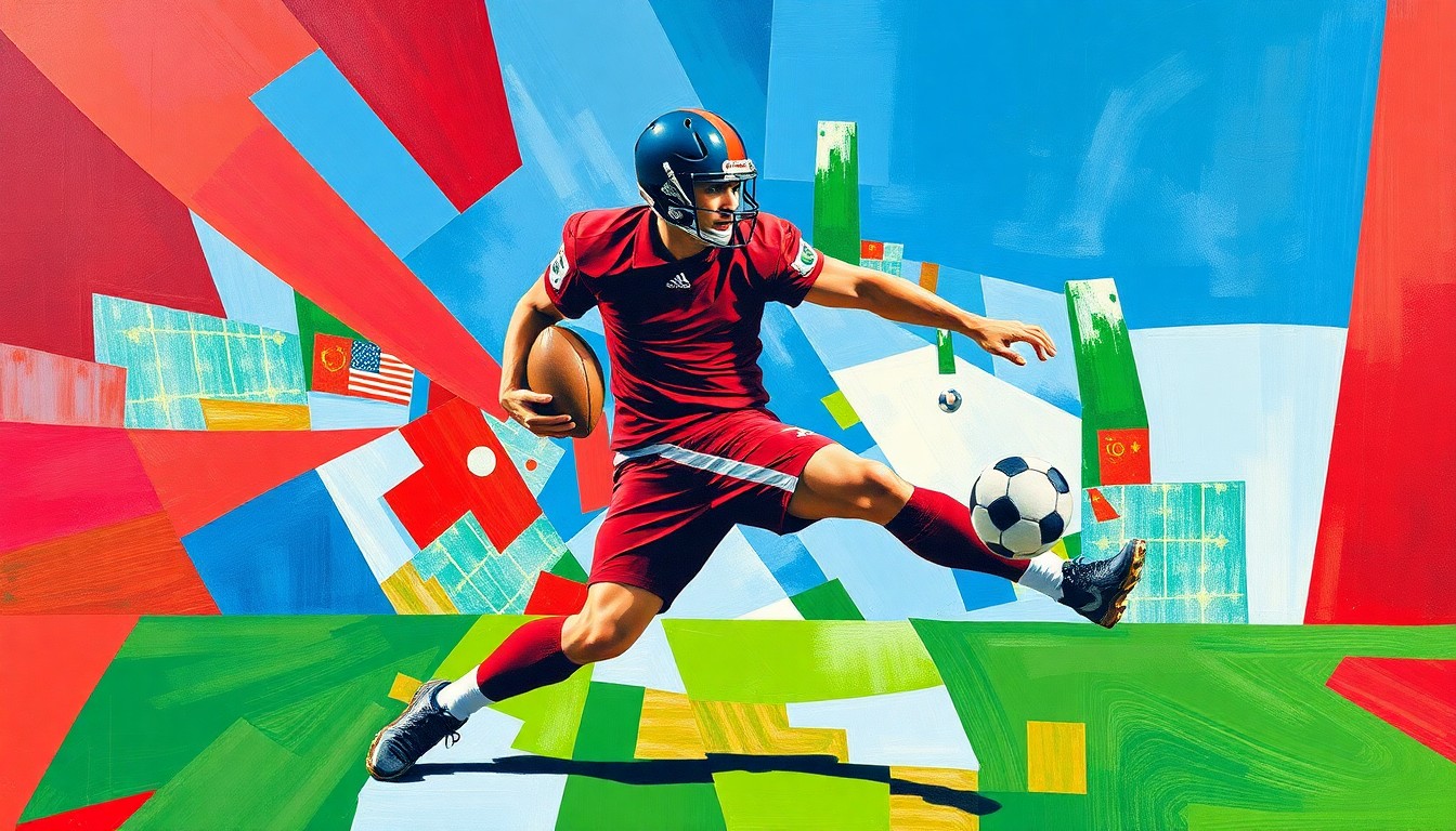 A fragmented, cubist-style painting depicting a football player in mid-motion, with sharp geometric shapes and planes of color representing the dynamic action of the sport.