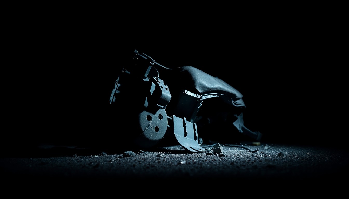 An extreme close-up photograph of a heavily damaged and twisted car part, such as a headlight or side mirror, against a pitch-black background, conveying the severity and gritty nature of the crash.