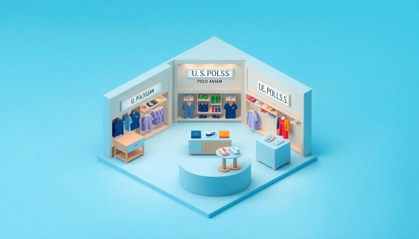 A clean, modern 3D illustration featuring a miniature, stylized retail store environment with U.S. Polo Assn. branding and merchandise, conceptually representing the brand's new global flagship location in Miami.