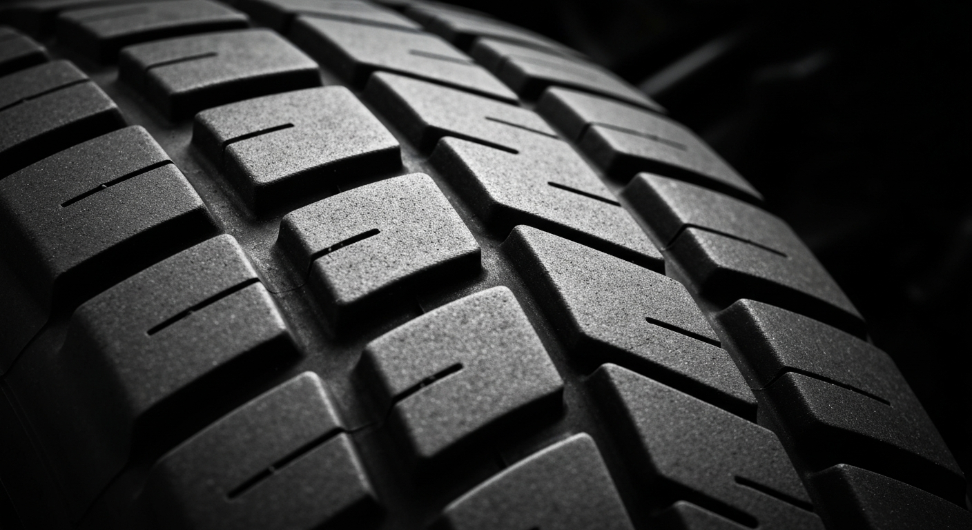 An extreme close-up of a highly textured automotive part, such as a tire tread or engine component, captured in dramatic lighting to showcase the raw materials and craftsmanship of the industry.