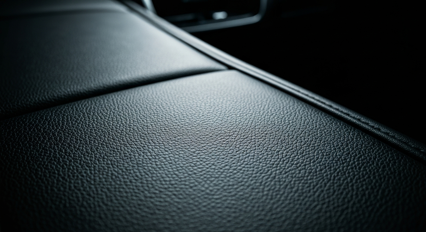An extreme close-up of the pebbled leather interior of the Ford Everest SUV, with the texture and colors dramatically lit to highlight the premium materials and craftsmanship.