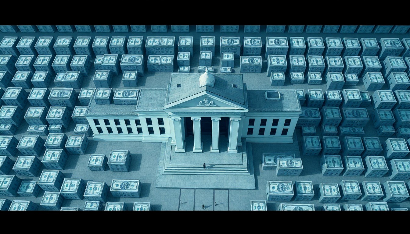 An abstract, geometric composition of interlocking shapes and patterns in shades of grey, blue, and black, representing the complex financial structures and operations of the Federal Reserve.