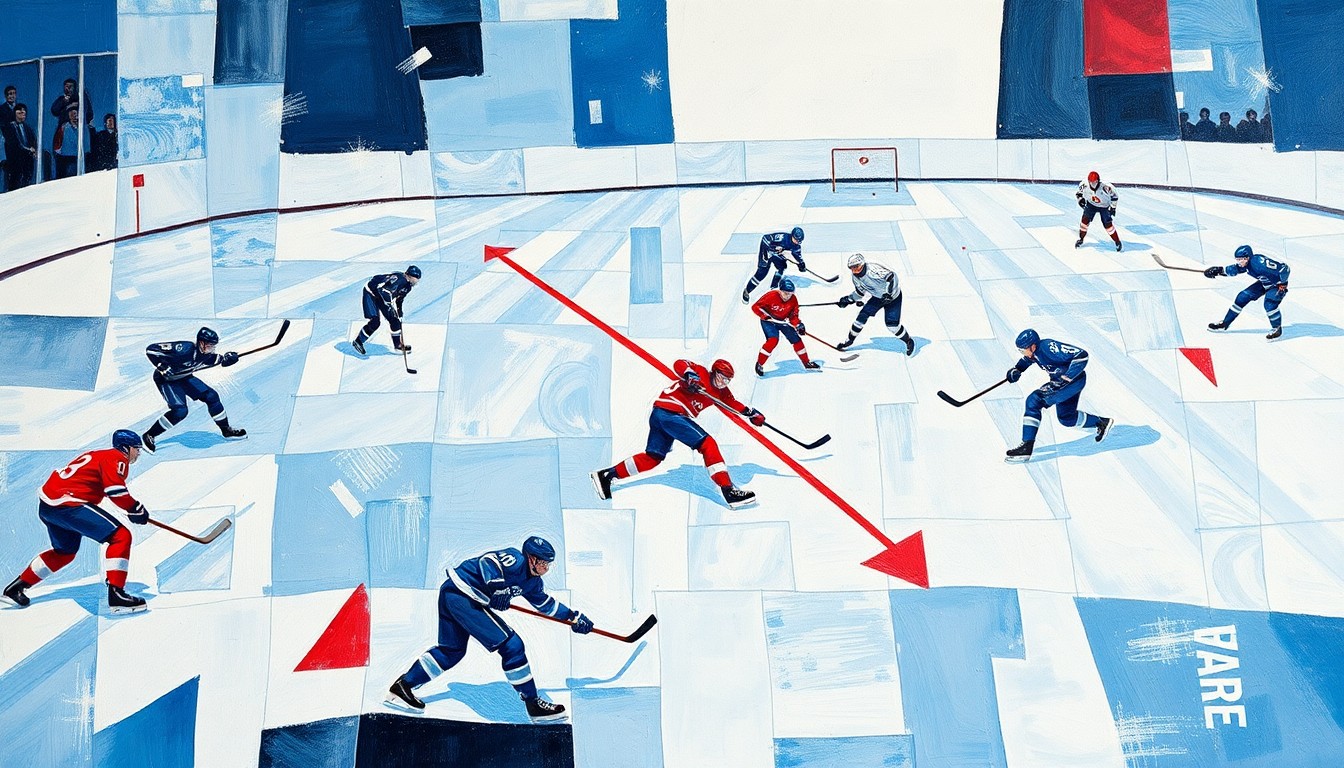 A fractured, multi-perspective painting depicting the chaotic action of a hockey game, with sharp geometric shapes in vibrant blues, reds, and whites representing the ice, sticks, pucks, and players' bodies in motion.