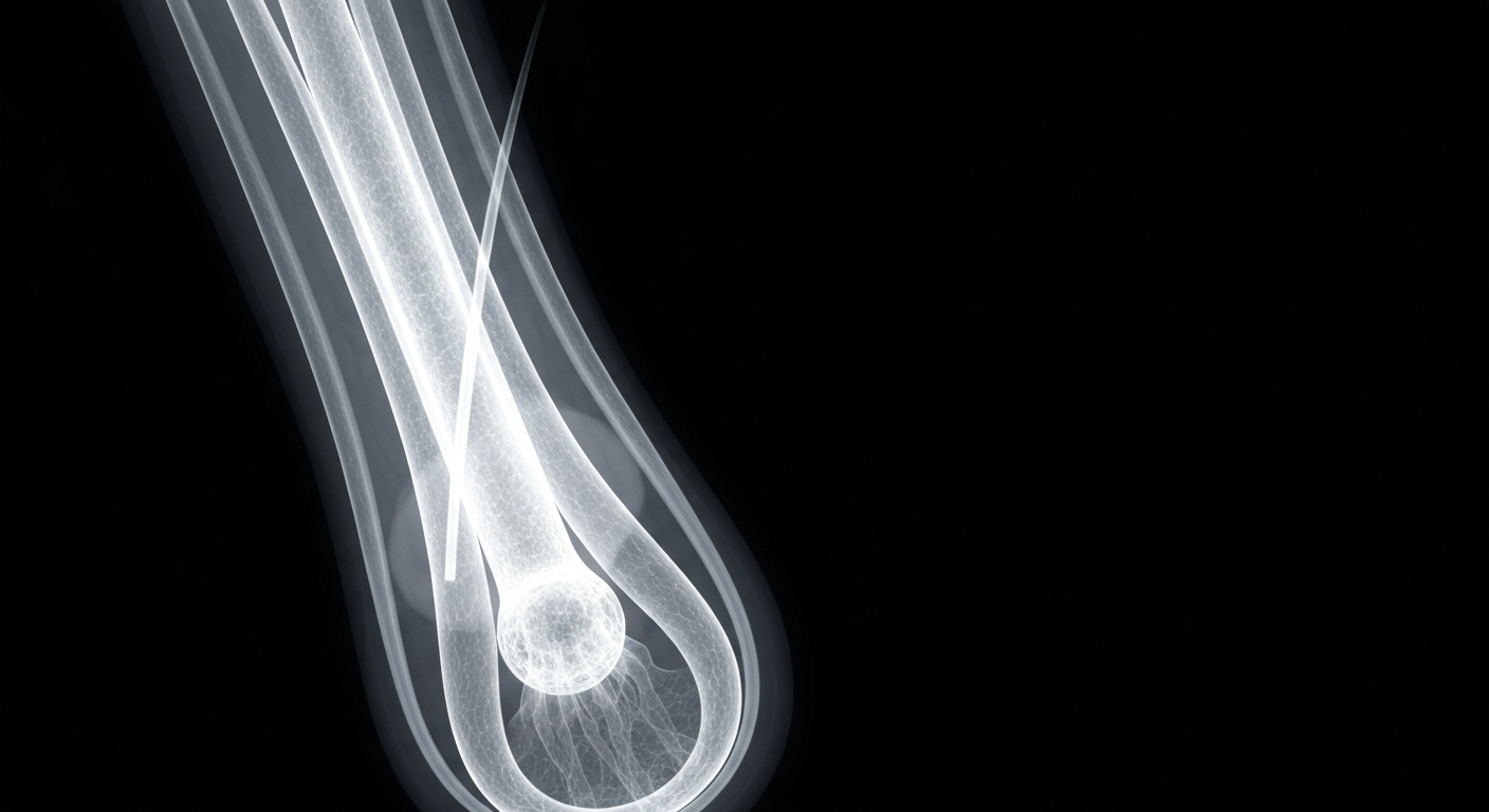 A highly detailed, translucent X-ray image showing the complex internal structure of a human hair follicle, conceptually representing the potential of a new treatment to address the underlying biology of alopecia areata.