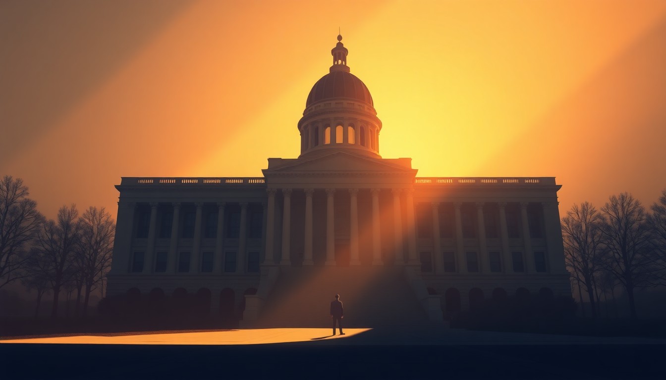 A cinematic painting of the Indiana state capitol building in warm, golden light, with a single solitary figure standing in front of the entrance, conveying a sense of political drama and tension.
