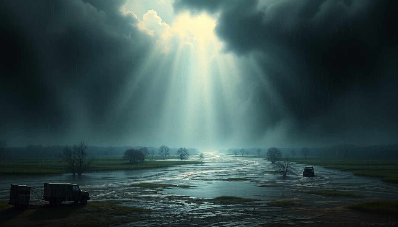 A sweeping, atmospheric landscape painting depicting a vast, stormy sky filled with heavy, dramatic clouds and sheets of rain obscuring the horizon, with only the faint outlines of buildings and infrastructure barely visible in the distance, conveying the overwhelming scale and force of the weather event.