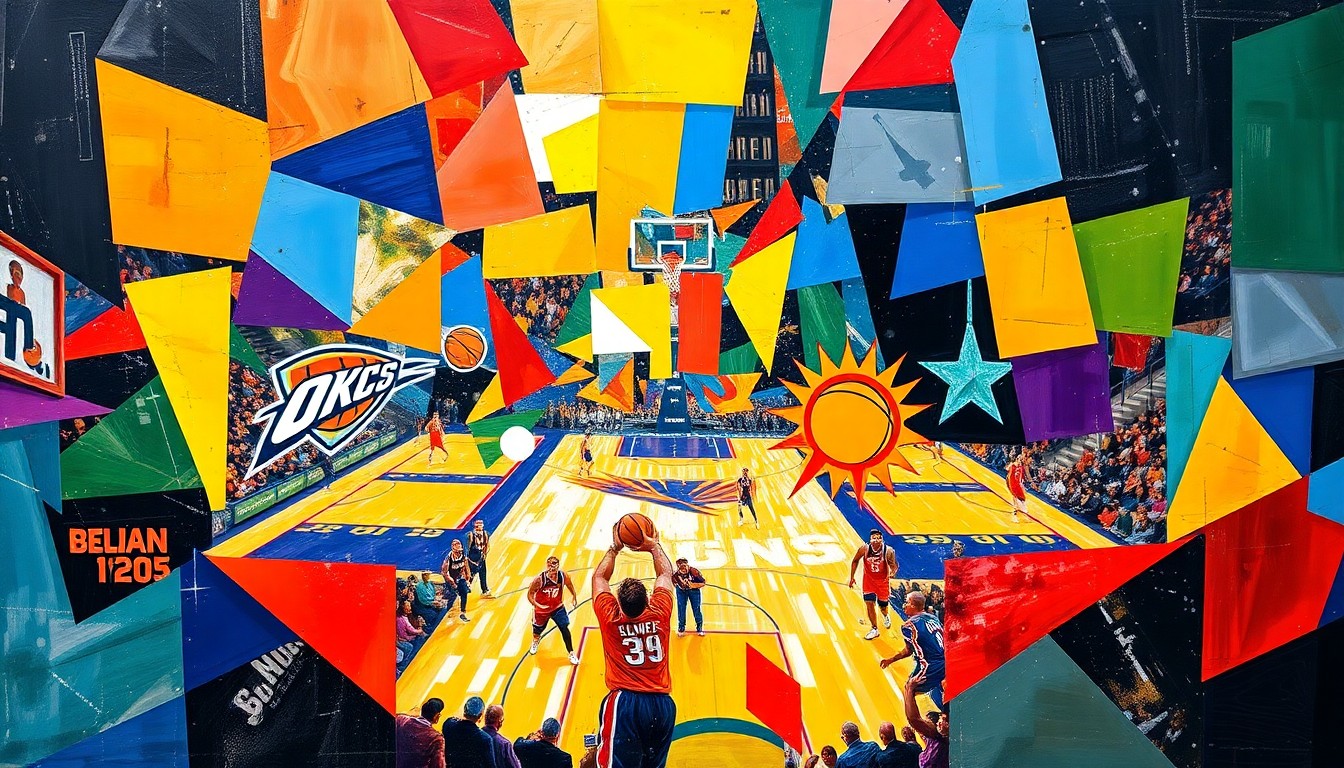 A cubist, geometric painting depicting the intense action of an NBA playoff game between the Oklahoma City Thunder and Phoenix Suns, with sharp, overlapping planes of the teams' primary colors conveying the high energy and physicality of the matchup.