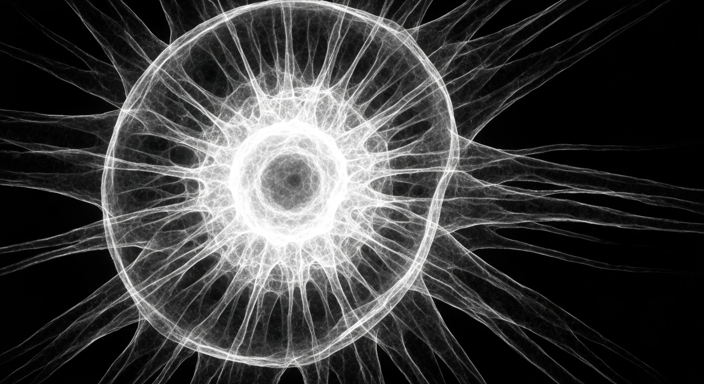 An abstract, ghostly X-ray image revealing the intricate internal structures of a breast cancer cell, conveying the scientific exploration of novel prognostic markers for this challenging disease.