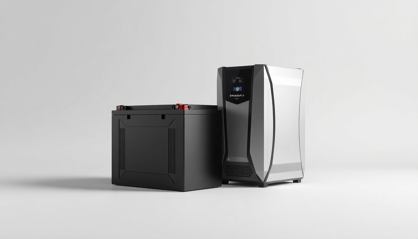 A high-end, photorealistic studio still-life photograph featuring a polished, metallic battery pack and a sleek, geometric power inverter unit arranged elegantly on a clean, monochromatic seamless background, conceptually representing Dragonfly Energy's premium technology solutions for the commercial trucking industry.