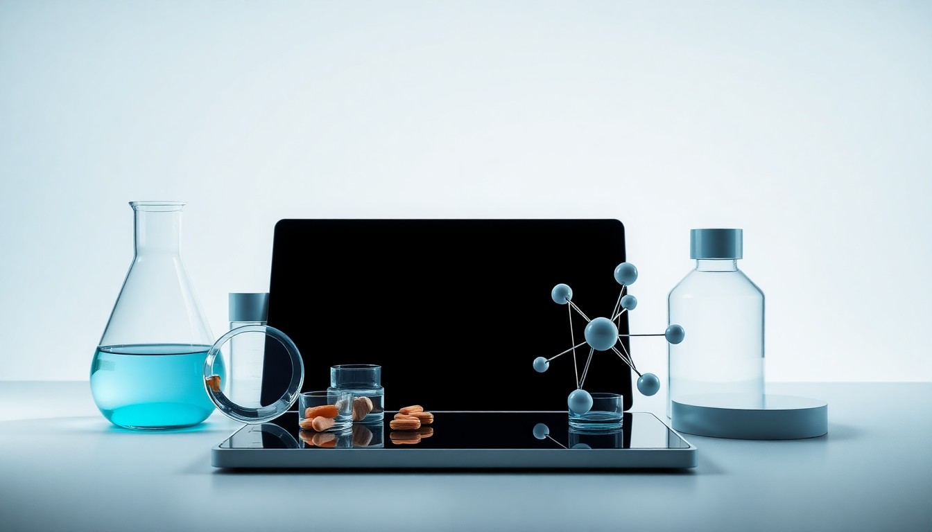 A minimalist studio still life featuring a collection of polished, geometric objects representing the pharmaceutical industry and mental health research, arranged elegantly on a clean, monochromatic background using dramatic lighting to convey a sense of precision and scientific progress.