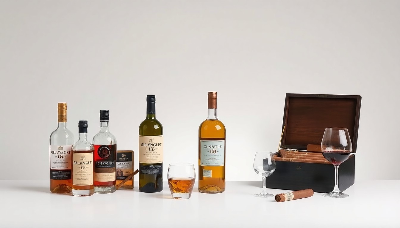 A minimalist studio still life photograph featuring a selection of high-end liquor bottles, wine glasses, and a cigar humidor, conceptually representing the upscale offerings of the new 1871 Spirits & Wine liquor store in Longview, Texas.