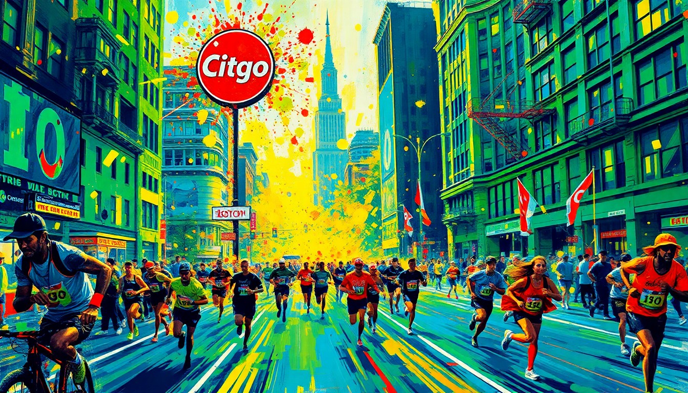 An abstract, expressionist painting featuring vibrant brushstrokes of neon colors, capturing the energy and motion of runners racing through the streets of Boston.