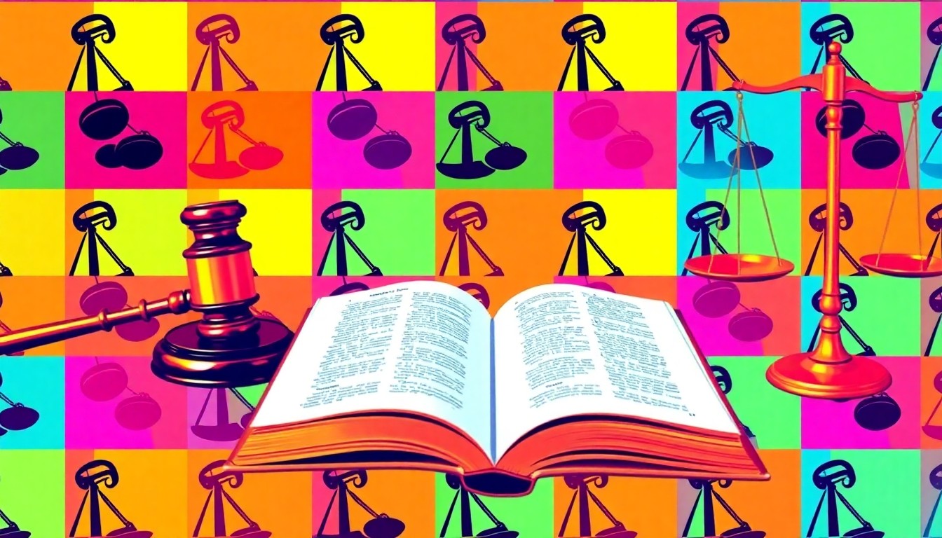 A bold, colorful silkscreen print featuring repeated images of a gavel, scales of justice, and an open book, conceptually representing the Supreme Court Justices' efforts to demystify the legal system for young readers.