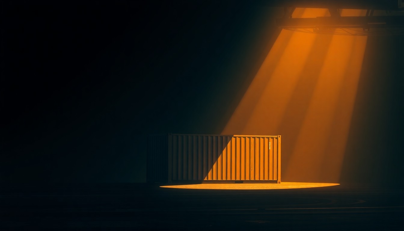 A cinematic painting of a solitary shipping container in a dimly lit port, with warm sunlight and deep shadows, conceptually representing the disruption to global trade caused by the Trump administration's tariff policies.