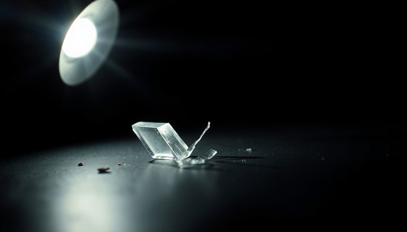 An extreme close-up photograph of a broken glass shard against a pitch-black background, conceptually representing the physical evidence being collected at a crime scene investigation.