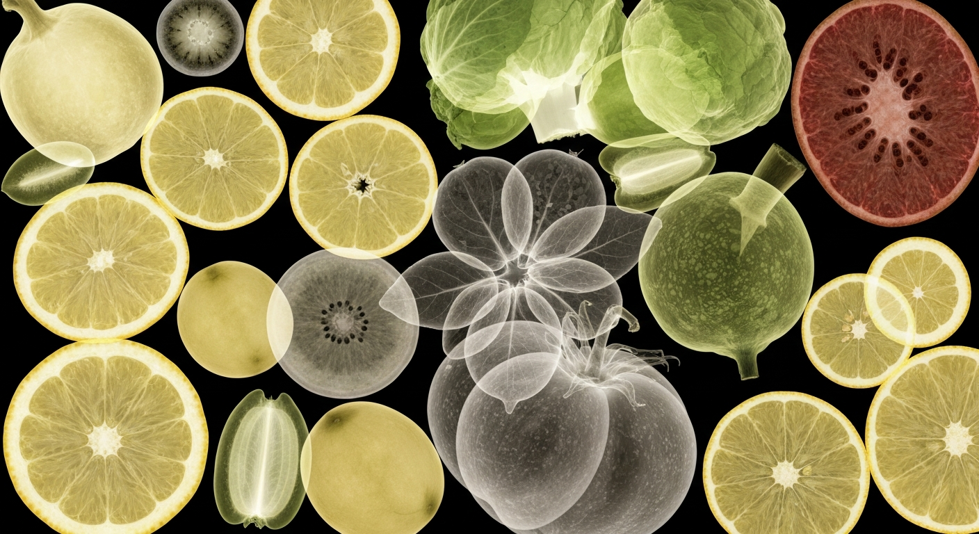 An abstract, ghostly X-ray image showing the internal structures of various fruits and vegetables, conceptually representing the goal of improving nutrition through SNAP program changes.