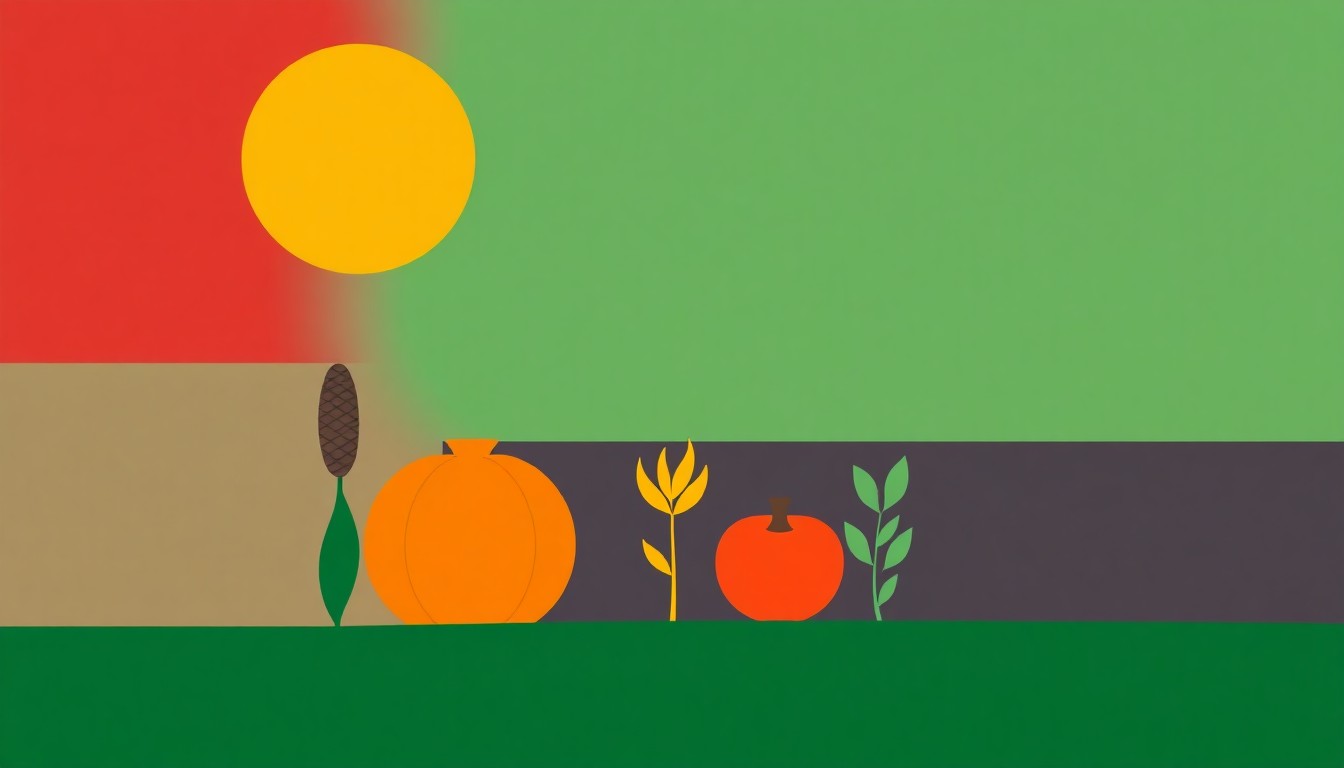 A vibrant abstract illustration using simple geometric shapes and primary colors to conceptually represent Egypt's agricultural export goals and food security initiatives.