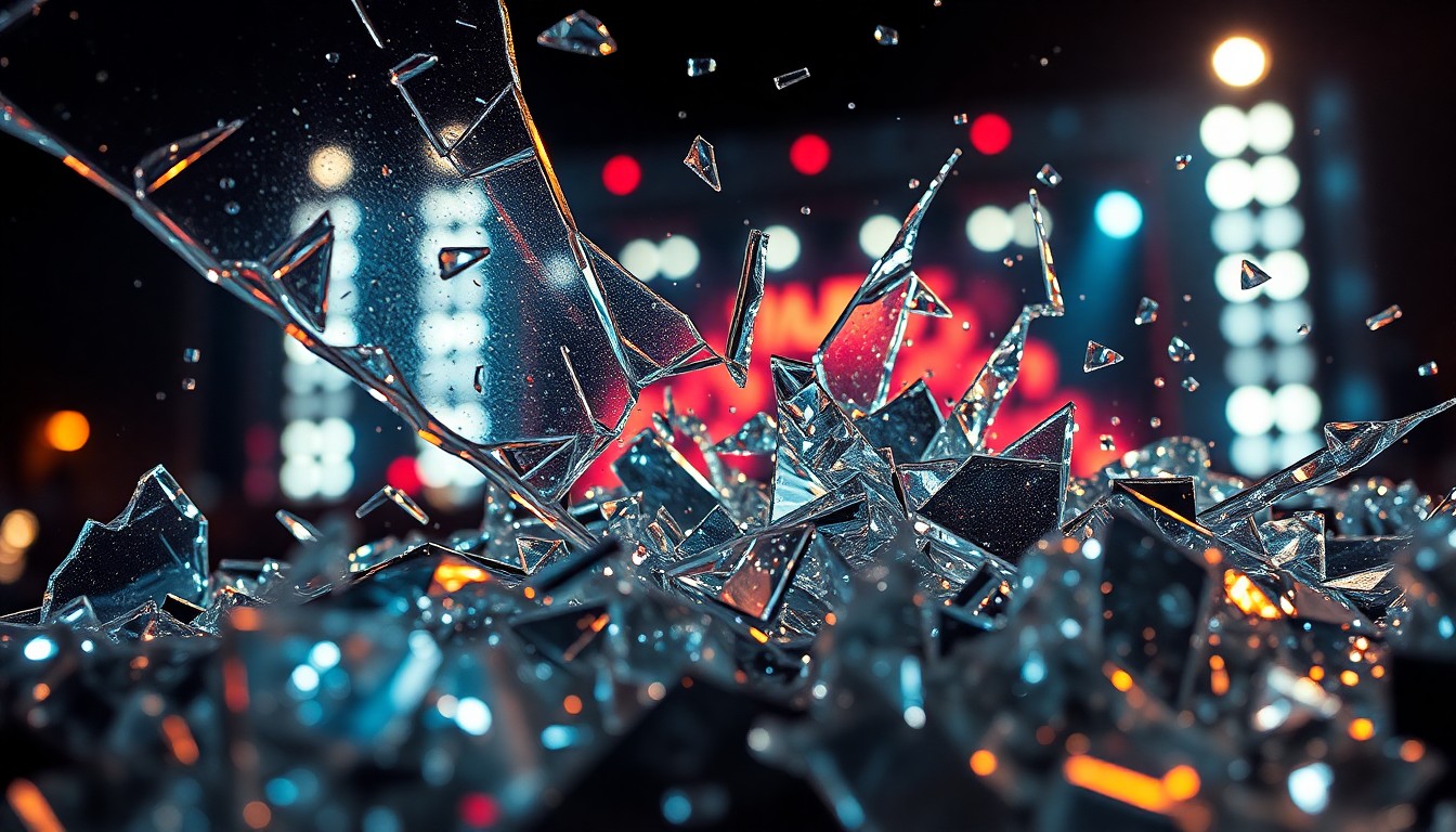 An abstract close-up photograph featuring shards of shattered glass and glittering metal fragments, reflecting stage lights in a dramatic, high-contrast, high-fashion style that evokes the rebellious spirit of the Aftershock Festival's diverse musical lineup.