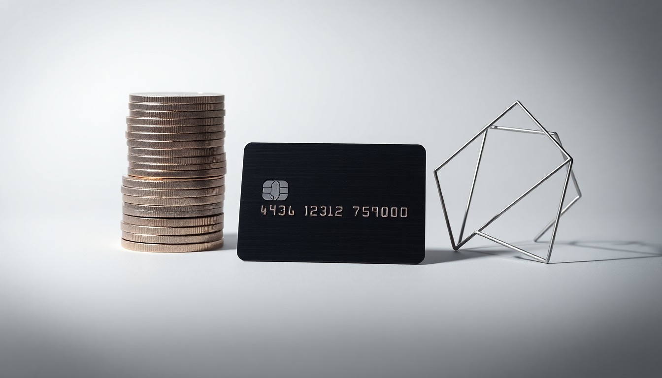 A photorealistic studio still life featuring a stack of polished metal coins, a sleek black credit card, and a minimalist geometric shape in brushed aluminum, all arranged elegantly on a clean, monochromatic background and dramatically lit to symbolize the abstract concepts of cross-border payments and financial infrastructure.