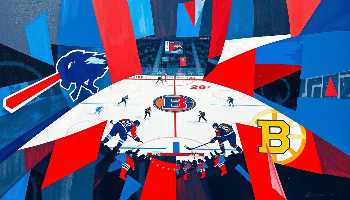 A cubist, geometric painting depicting a hockey game between the Buffalo Sabres and Boston Bruins, with sharp, overlapping planes of vibrant blue, red, and white capturing the intensity of the playoff matchup.