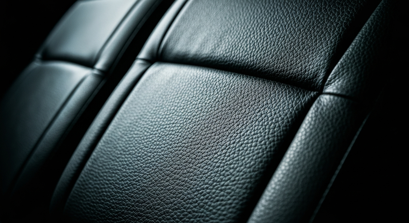 An extreme close-up of the pebbled leather interior of a Chevrolet vehicle, capturing the rich textures and colors in a dramatic, artistic style.
