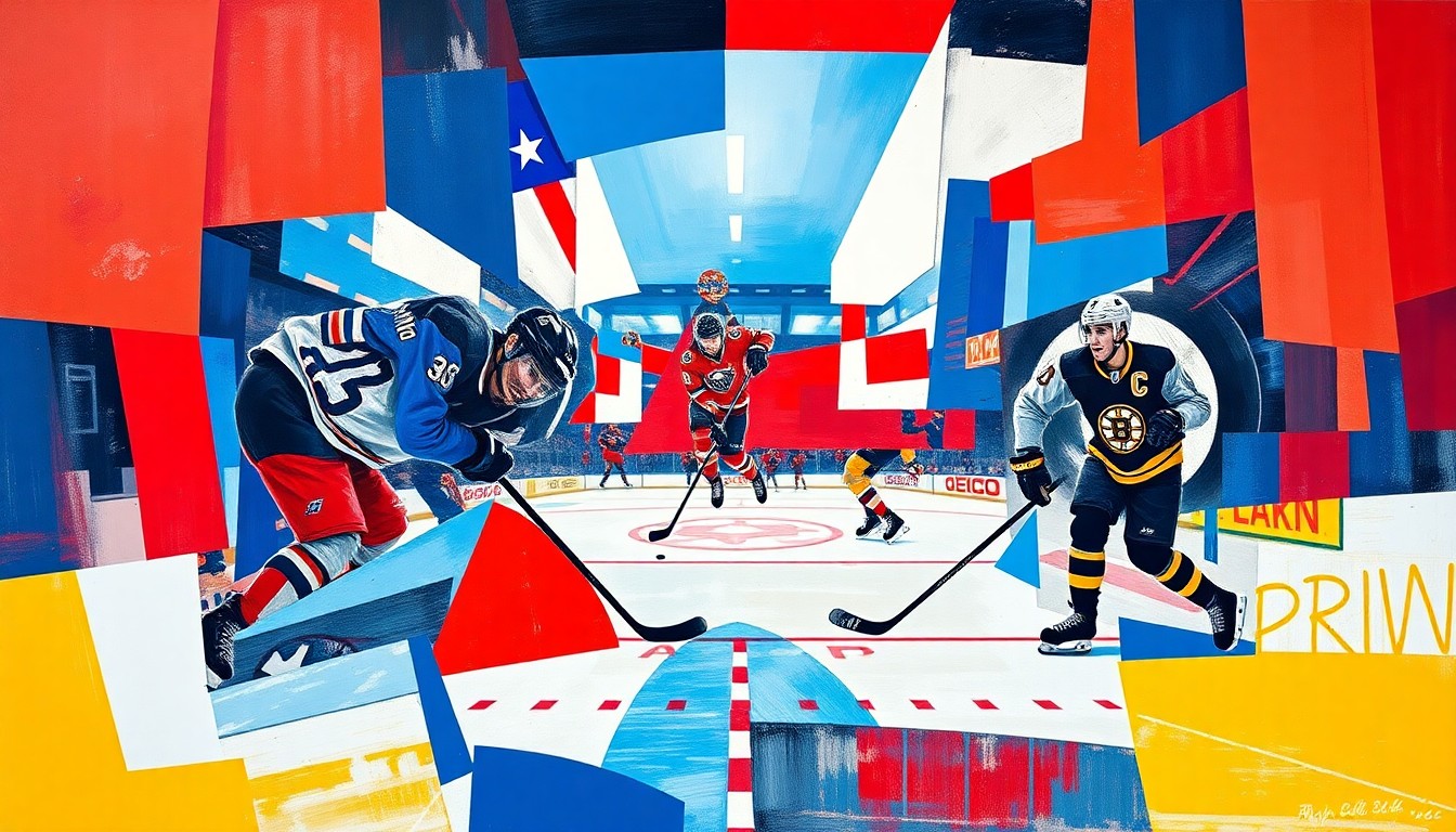 A cubist, geometric painting depicting a hockey game between the Buffalo Sabres and Boston Bruins, with sharp, overlapping planes of vibrant blue, red, and white colors capturing the intensity of the playoff matchup.