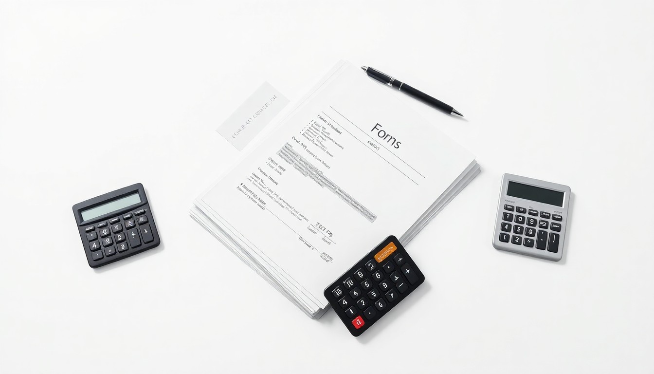 A photorealistic studio still life featuring a stack of freshly printed business forms, a pen, and a calculator arranged elegantly on a clean, white background, conceptually representing the financial performance and productivity of the Midlothian-based printing company Ennis Inc.