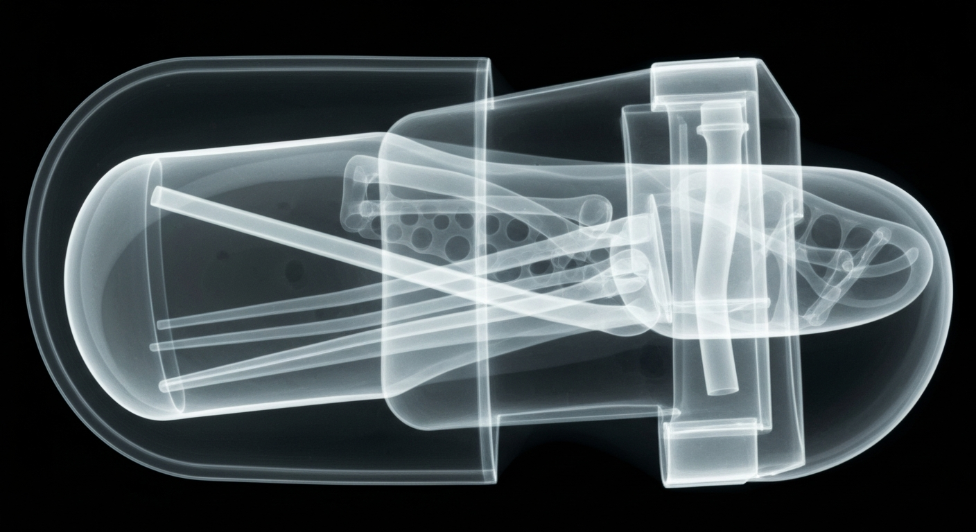 A translucent X-ray photograph revealing the intricate internal structure of a rare disease medication device, conveying the clinical yet delicate nature of rare disease treatments.