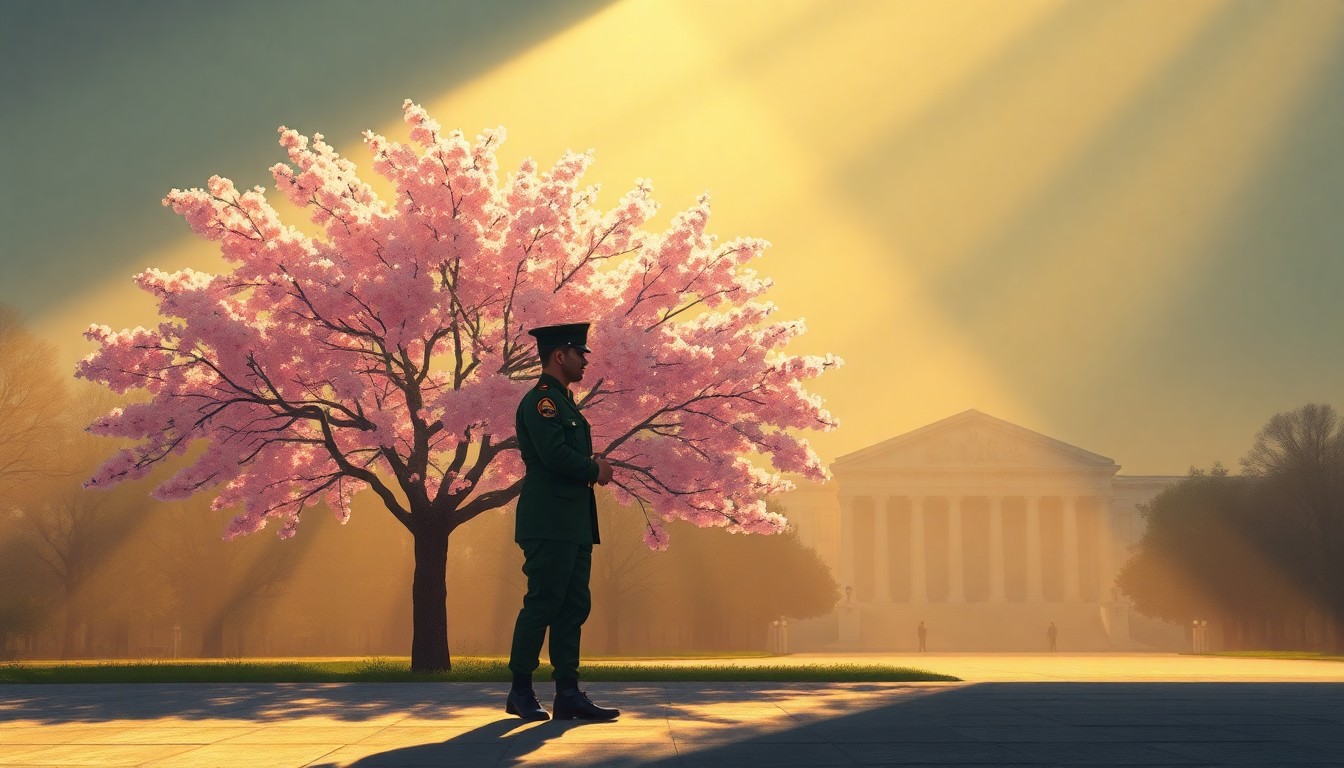 A cinematic painting depicting a lone National Guard soldier standing guard near a cherry blossom tree in Washington, D.C., the scene bathed in warm, diagonal sunlight and deep shadows, conceptually illustrating the ongoing military presence in the nation's capital.