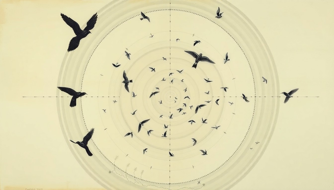 A highly structured, abstract painting in muted earth tones featuring sweeping geometric arcs, concentric circular motifs, and precise botanical spirals, conceptually representing the complex natural forces that guide migratory birds through the night.