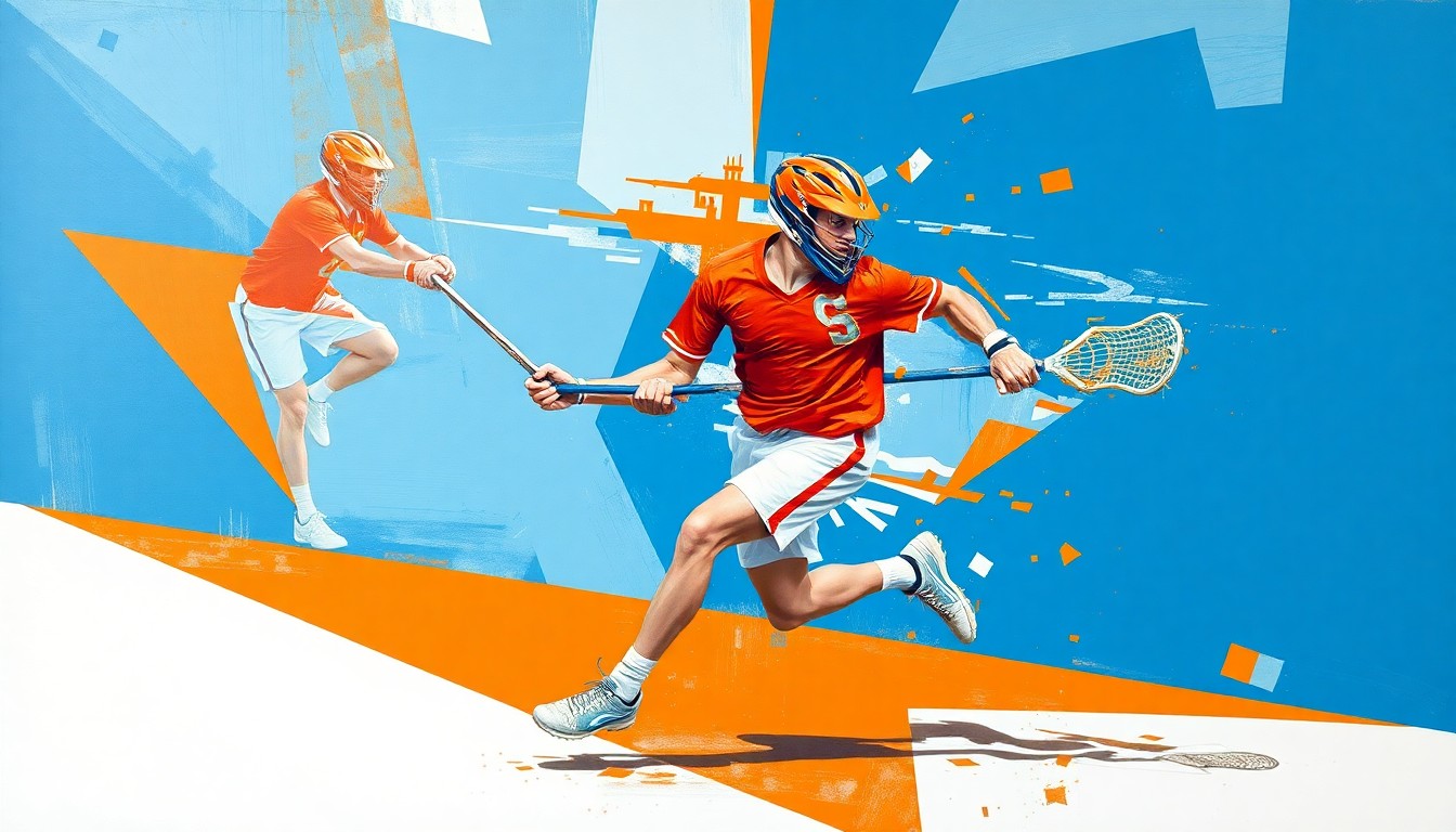 A cubist-style painting depicting a Syracuse lacrosse player in mid-motion, their body broken down into sharp, overlapping geometric shapes in vibrant orange, blue, and white colors.